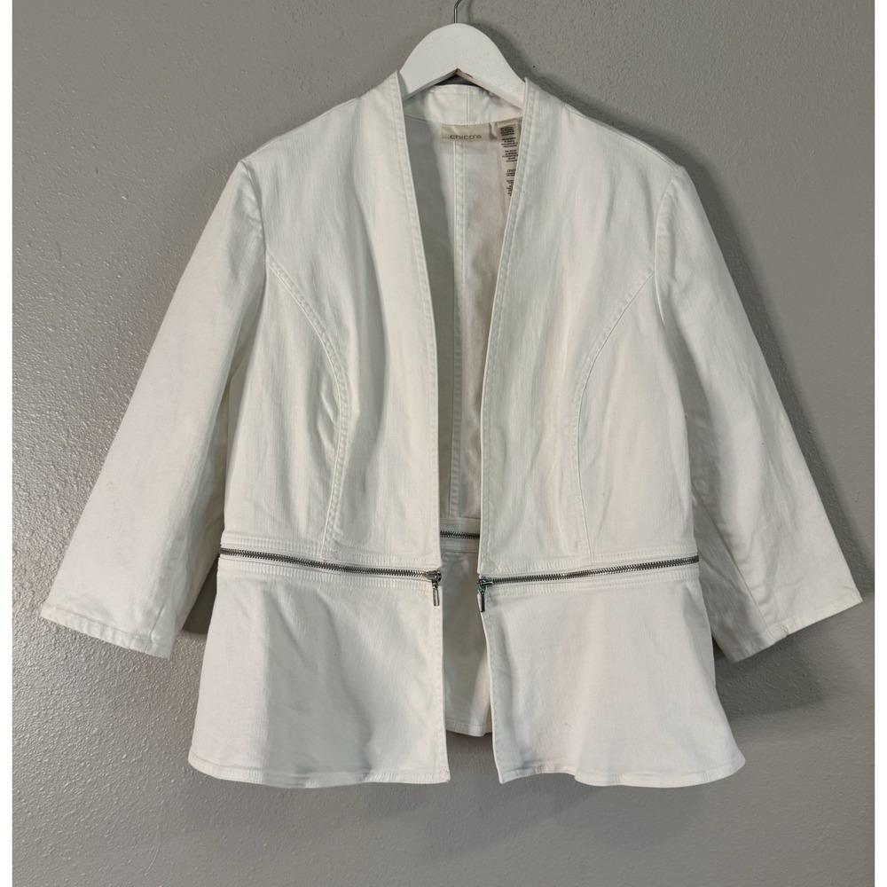 Chico's‎ White Stretch Denim Peplum Jacket Zip Detail Open Front Boho Size 2